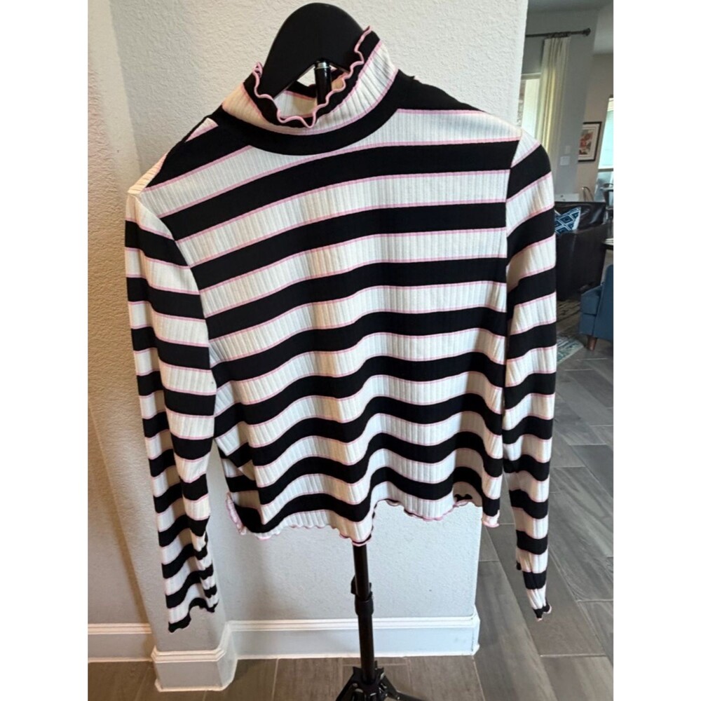 Juicy Couture Black White and Pink Striped Ribbed Ruffle Turtleneck 1X